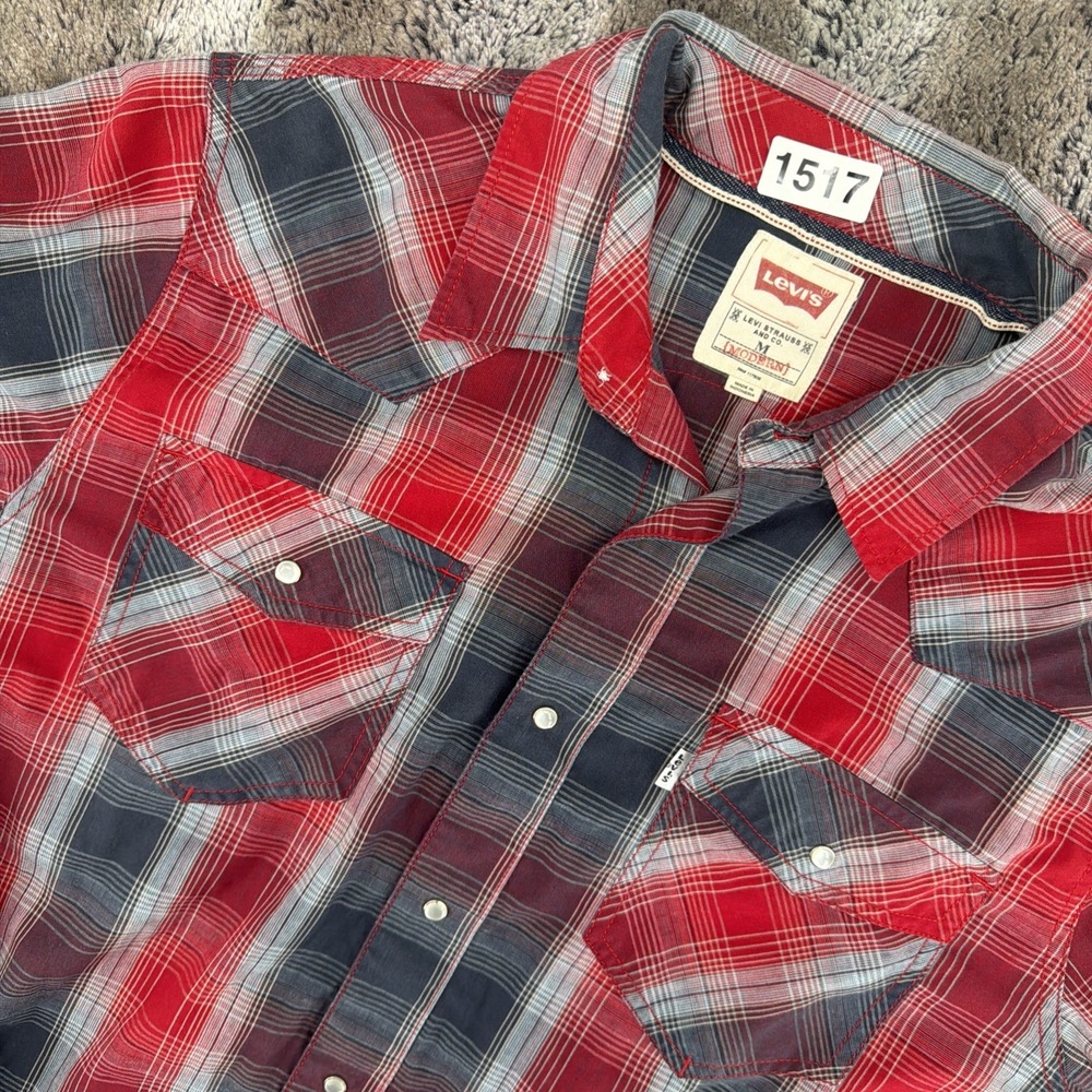 Levis Red Plaid Long Sleeve Pearl Snap Western Button Shirt Mens Medium